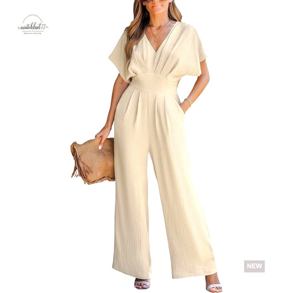 V-Neck Batwing Sleeve Wide Leg Jumpsuit, Polyester, X-Large, Ankle Length